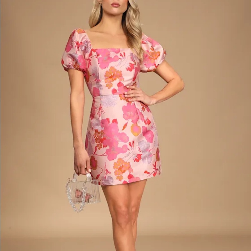 NWT Lulus So Stunning PINK Multi Floral Jacquard Puff Sleeve Mini Dress - Picture 4 of 11
